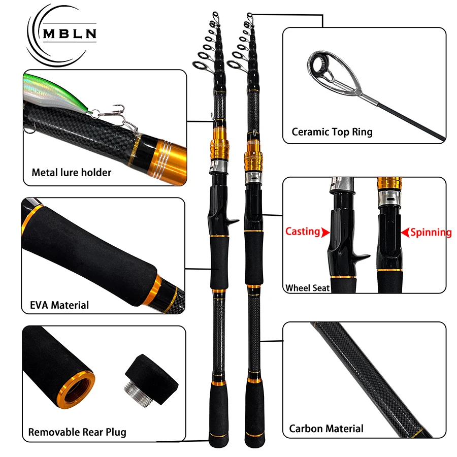 Carbon Telescopic Fishing Rod, 1.8-3.6M Ultra-Light Hard Lure Rod. Portable Short Section Sea Casting Rod, Fishing Gear.
