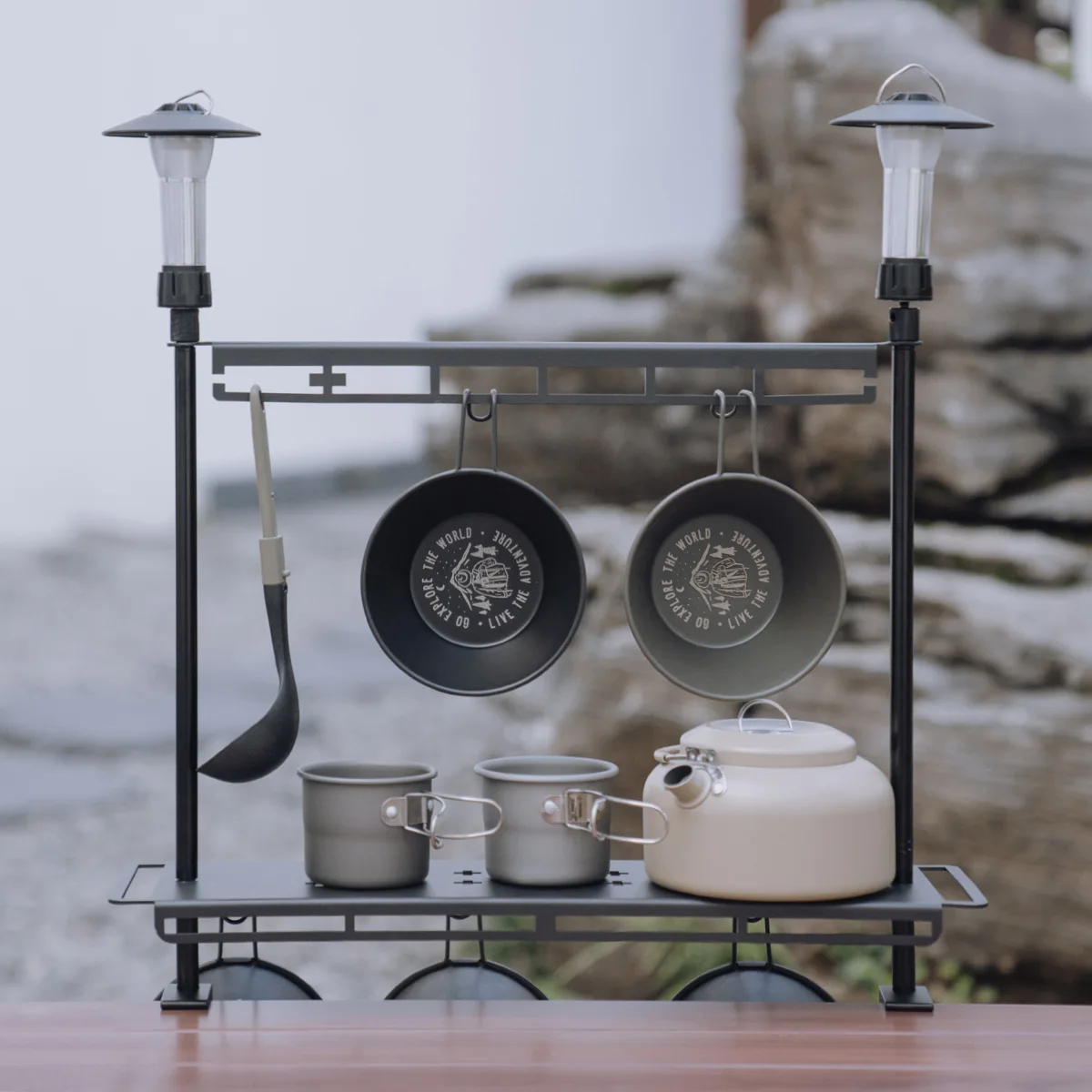 TARKA Camping Shelf Lantern Stand, Tableware Tools Hanging Rack, Multifunctional IGT Tabletop Storage Rack Light Holder