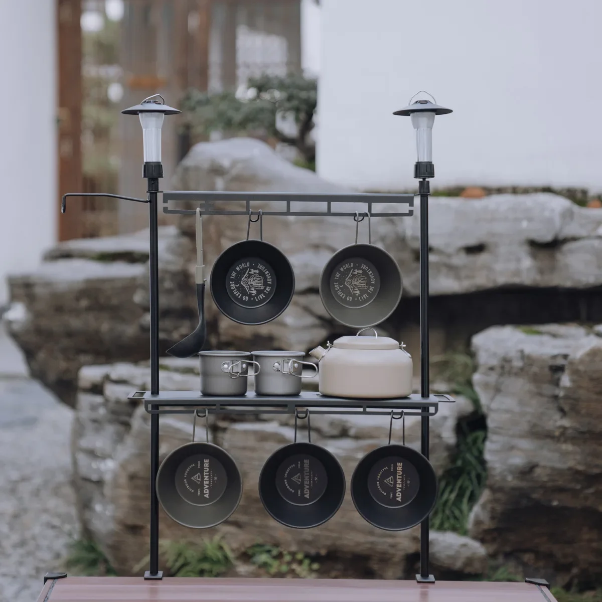 TARKA Camping Shelf Lantern Stand, Tableware Tools Hanging Rack, Multifunctional IGT Tabletop Storage Rack Light Holder