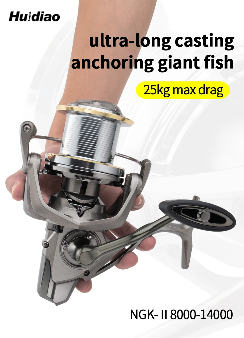 Huidiao Heavy-Duty Fishing Reel NGK-II 25KG/55LB Powerful Drag Zero Play 6+1 Shielded BB Spinning Reel for Big Game Fishing