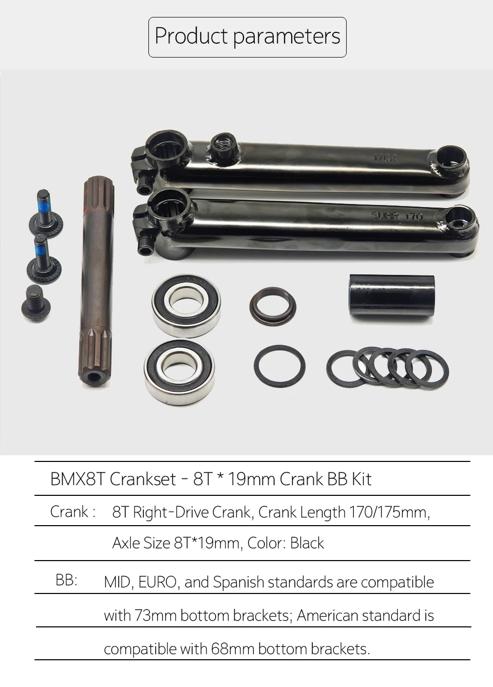 BMX Freestyle Bike 8T Crankset - 8T*19mm Crank with MID/EURO/Spanish/American BB Kit