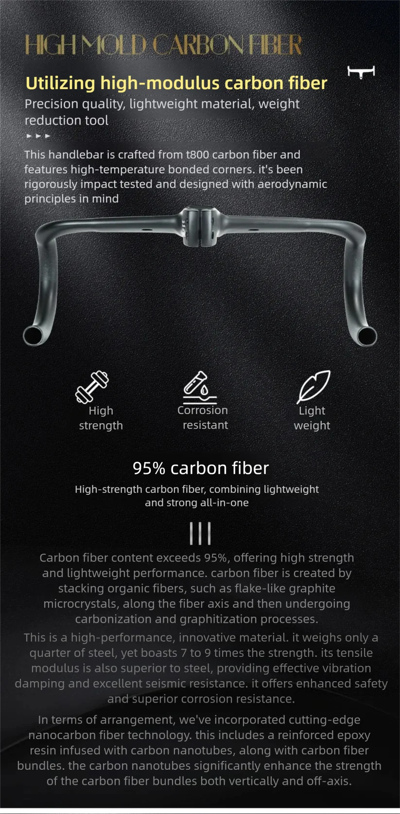 HUDUD Arc Road Bike Full Carbon Fiber Ultra-Light T800 Aerodynamic Internal Cable Routing Integrated Handlebar 360g