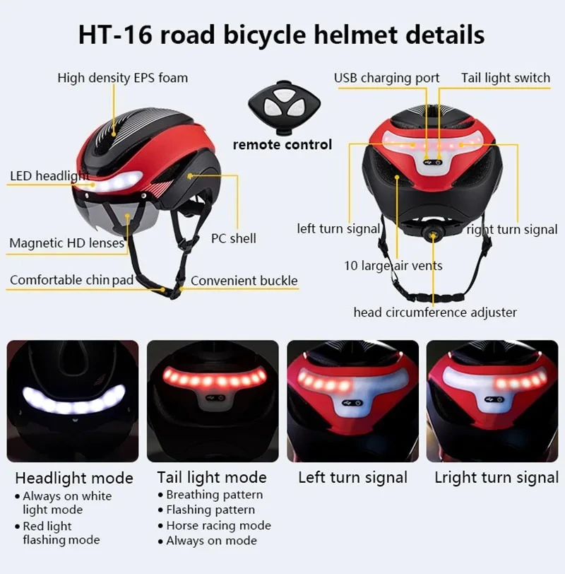 Eastinear Road Bicycle Helmet Led Lights With Magnetic Googles & Sun Visor Ride Racing Ultralight Adult Road Bike Helmet 400g