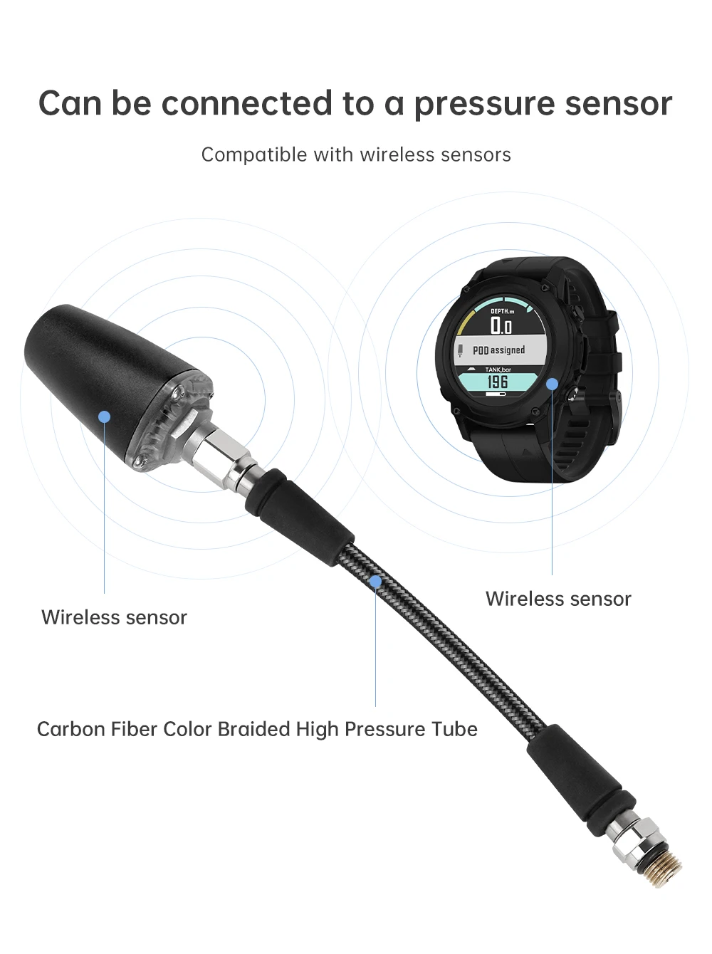 DIDEEP Diving Carbon Fiber Braided High Pressure Tube, Scuba Diving Residual Pressure Hose, Can Be Connected to Pressure Sensor