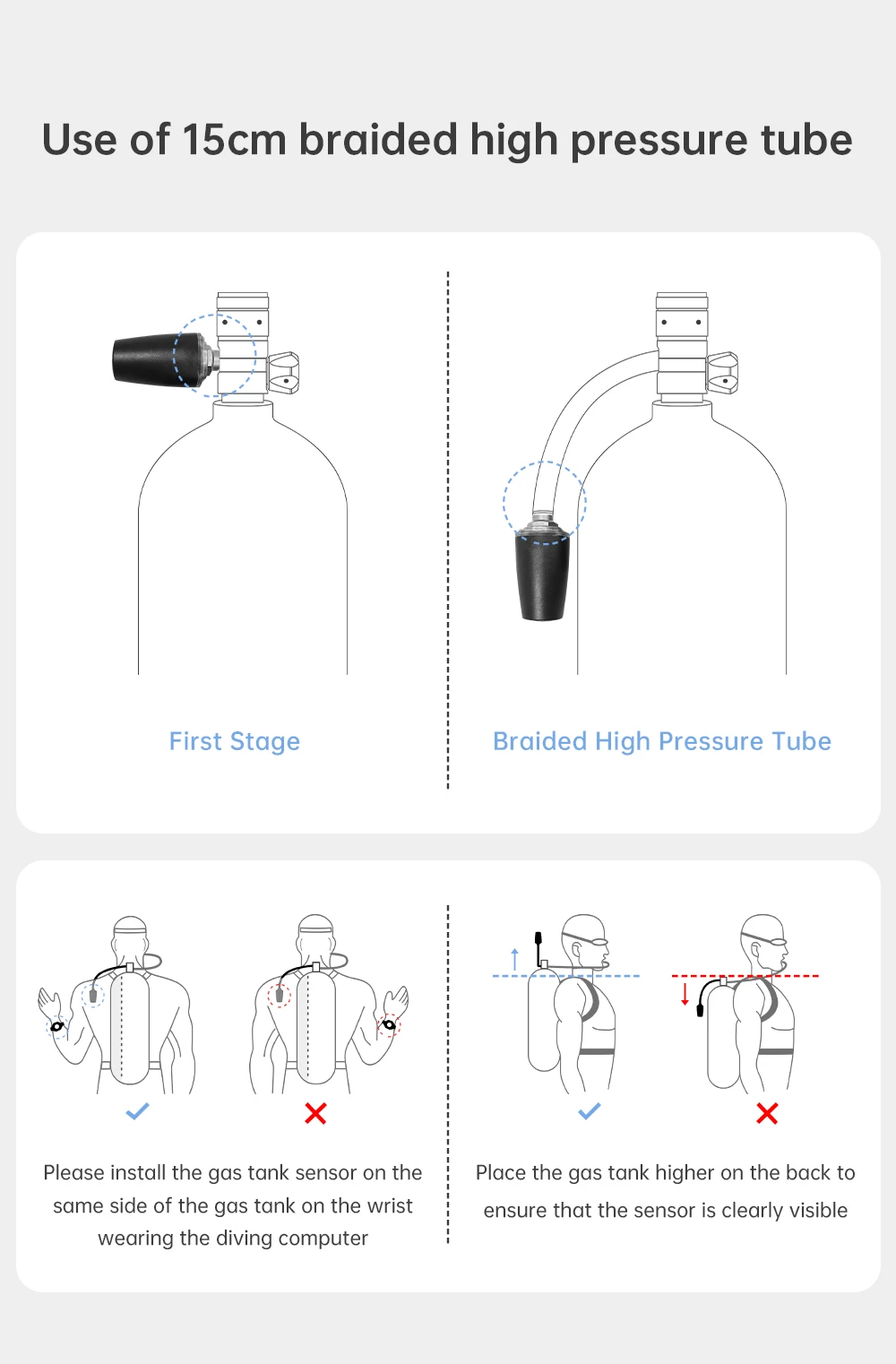 DIDEEP Diving Carbon Fiber Braided High Pressure Tube, Scuba Diving Residual Pressure Hose, Can Be Connected to Pressure Sensor