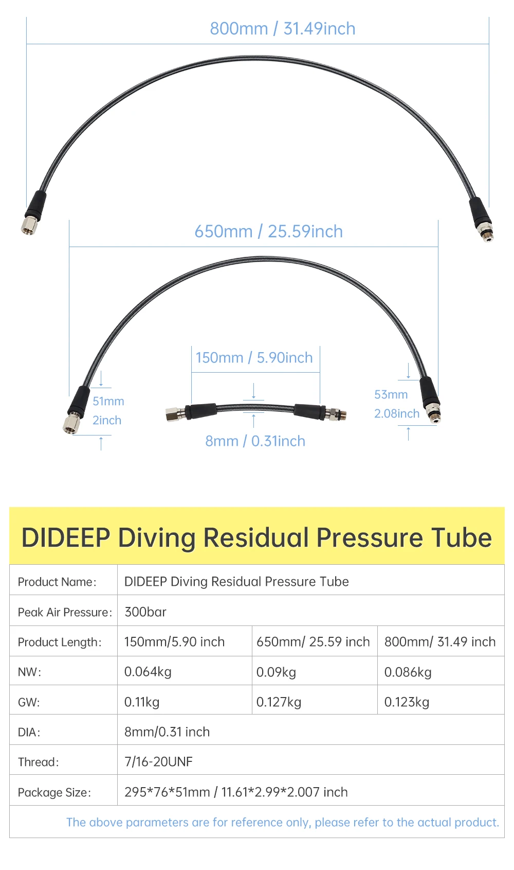 DIDEEP Diving Carbon Fiber Braided High Pressure Tube, Scuba Diving Residual Pressure Hose, Can Be Connected to Pressure Sensor