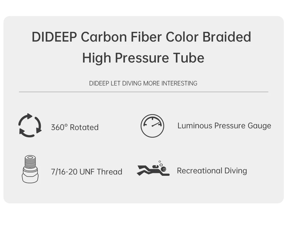 DIDEEP Diving Carbon Fiber Braided High Pressure Tube, Scuba Diving Residual Pressure Hose, Can Be Connected to Pressure Sensor
