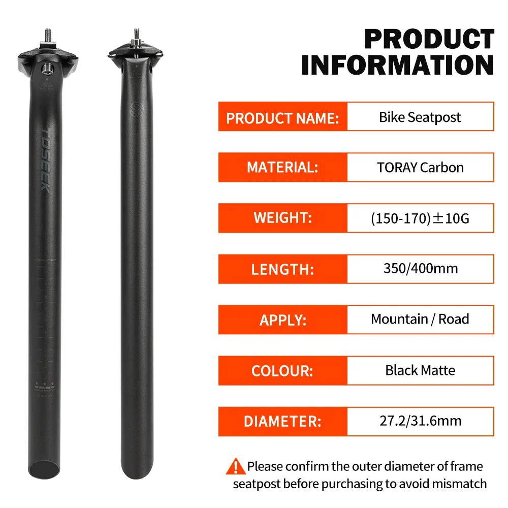 TOSEEK C70 T800 Carbon Fibre Seatpost Bike Seat Post MTB Road Bicycle Seat Tube Parts 27.2/31.6*350/400mm Titanium Screws