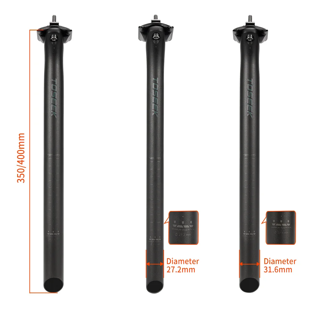 TOSEEK C70 T800 Carbon Fibre Seatpost Bike Seat Post MTB Road Bicycle Seat Tube Parts 27.2/31.6*350/400mm Titanium Screws