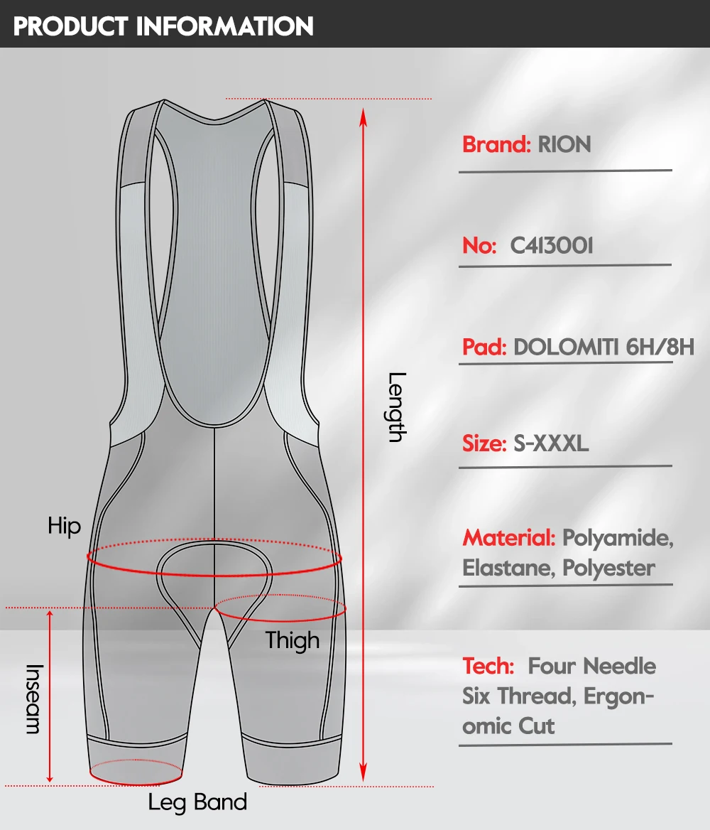 RION Men's Cycling Bib Shorts Mountain Bike MTB Padded Tights Bicycle Clothes Riding Bibs Dolomiti 8H Long Distance Breathable
