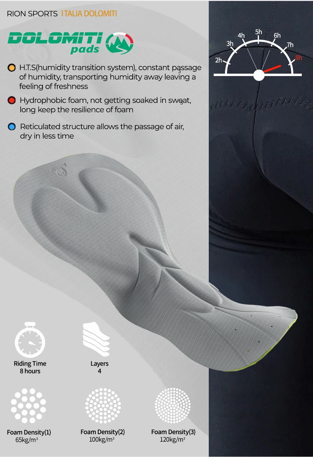 RION Men's Cycling Bib Shorts Mountain Bike MTB Padded Tights Bicycle Clothes Riding Bibs Dolomiti 8H Long Distance Breathable