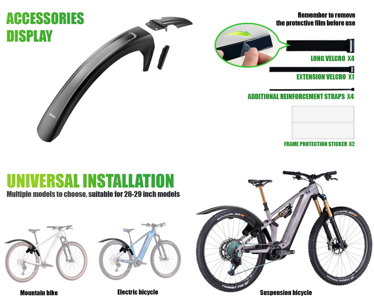 RBRL Bicycle Rear Fender Mudguard for 27.5 28 29 inch MTB Extended Widen Full Coverage E-Bike Mudguard with Quick Release Velcro