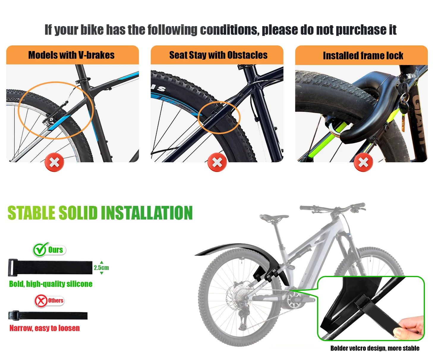 RBRL Bicycle Rear Fender Mudguard for 27.5 28 29 inch MTB Extended Widen Full Coverage E-Bike Mudguard with Quick Release Velcro