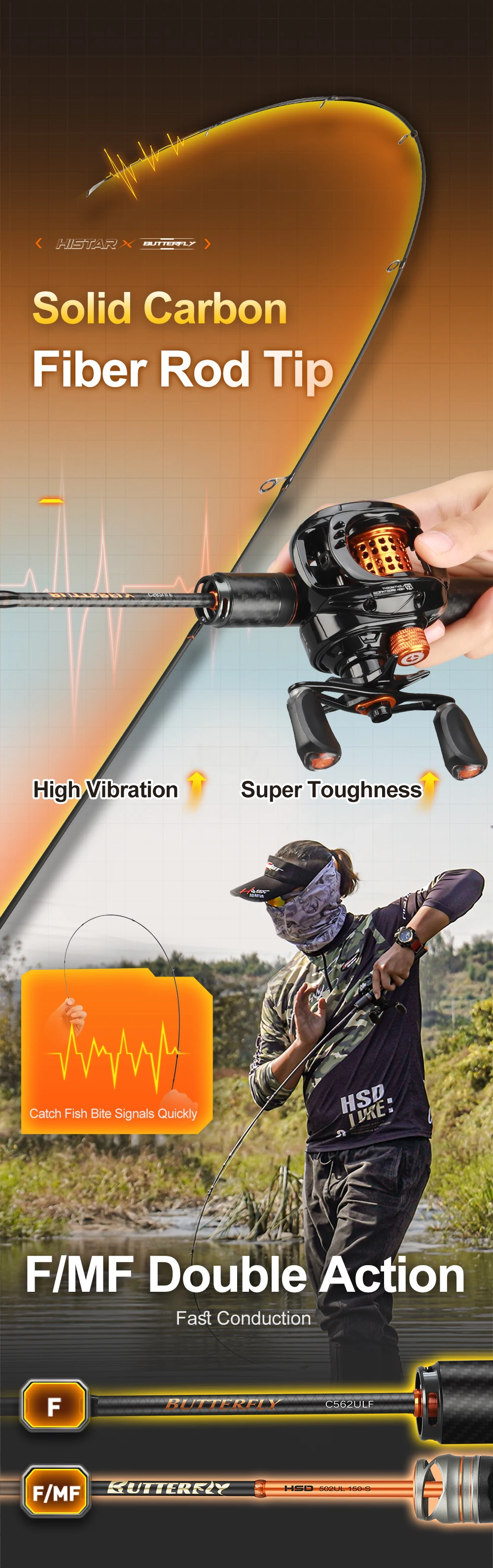 HASIDA Butterfly Fishing Rod Korea Guides Dual Action Air Mechanical Sound 3D Sculpture Reel Seat Light 68G Spinning Casting