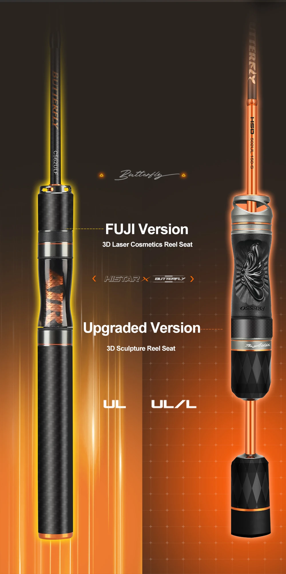 HASIDA Butterfly Fishing Rod Korea Guides Dual Action Air Mechanical Sound 3D Sculpture Reel Seat Light 68G Spinning Casting