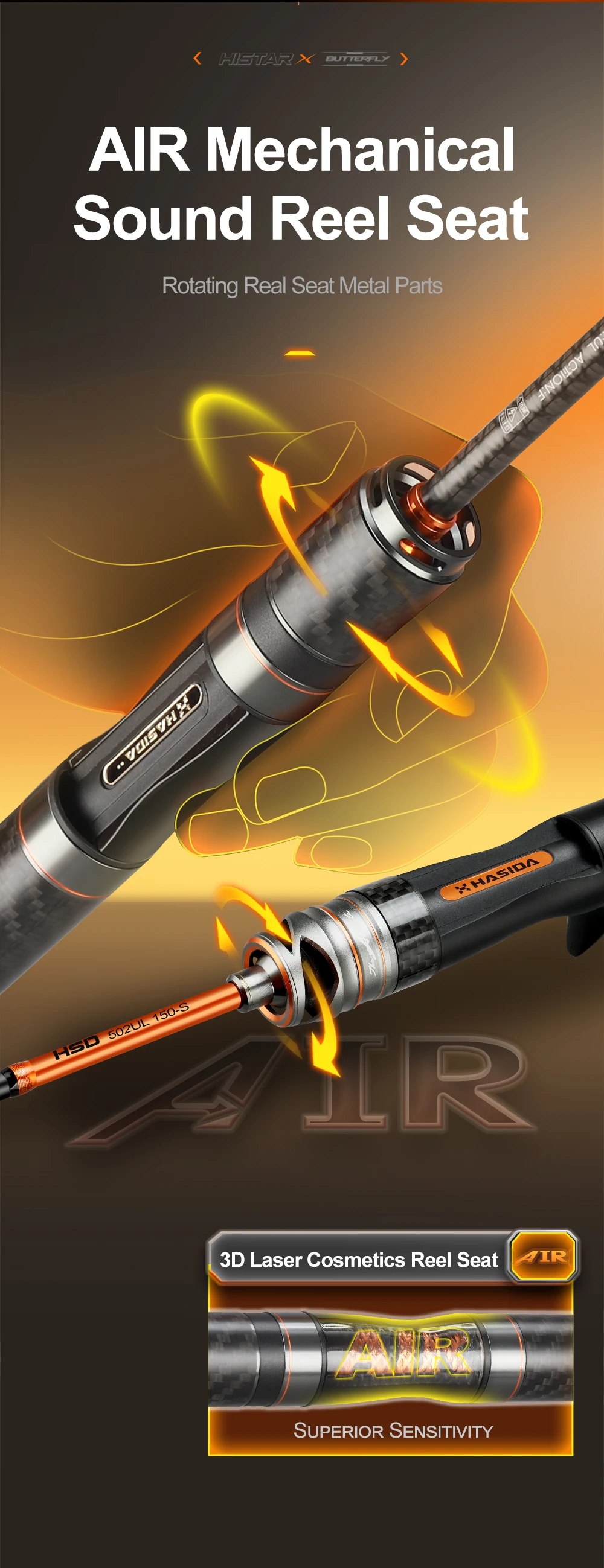 HASIDA Butterfly Fishing Rod Korea Guides Dual Action Air Mechanical Sound 3D Sculpture Reel Seat Light 68G Spinning Casting
