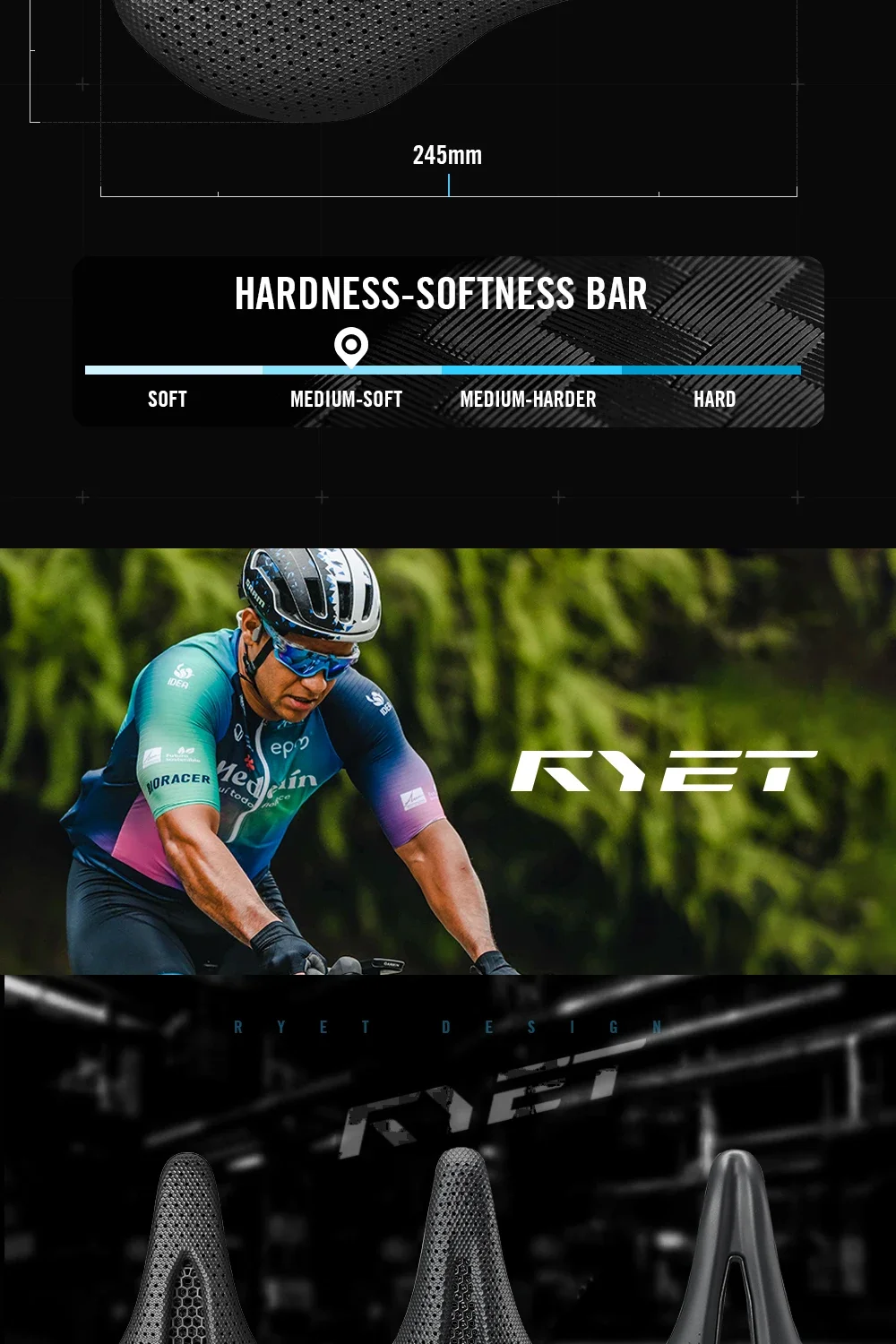 RYET Full Carbon 3D Printed Saddle 145/155mm 160-227g Oval 7x9mm Rails Superflow Cut-Out Ultralight Road MTB Gravel Triathlon XC