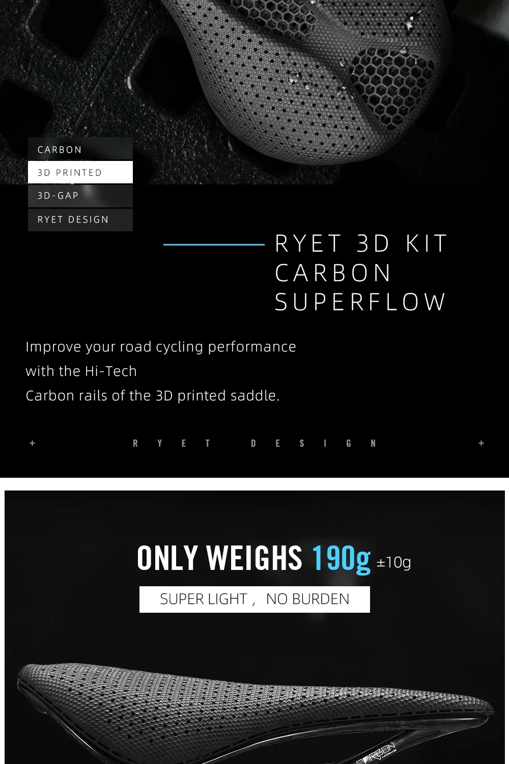 RYET Full Carbon 3D Printed Saddle 145/155mm 160-227g Oval 7x9mm Rails Superflow Cut-Out Ultralight Road MTB Gravel Triathlon XC