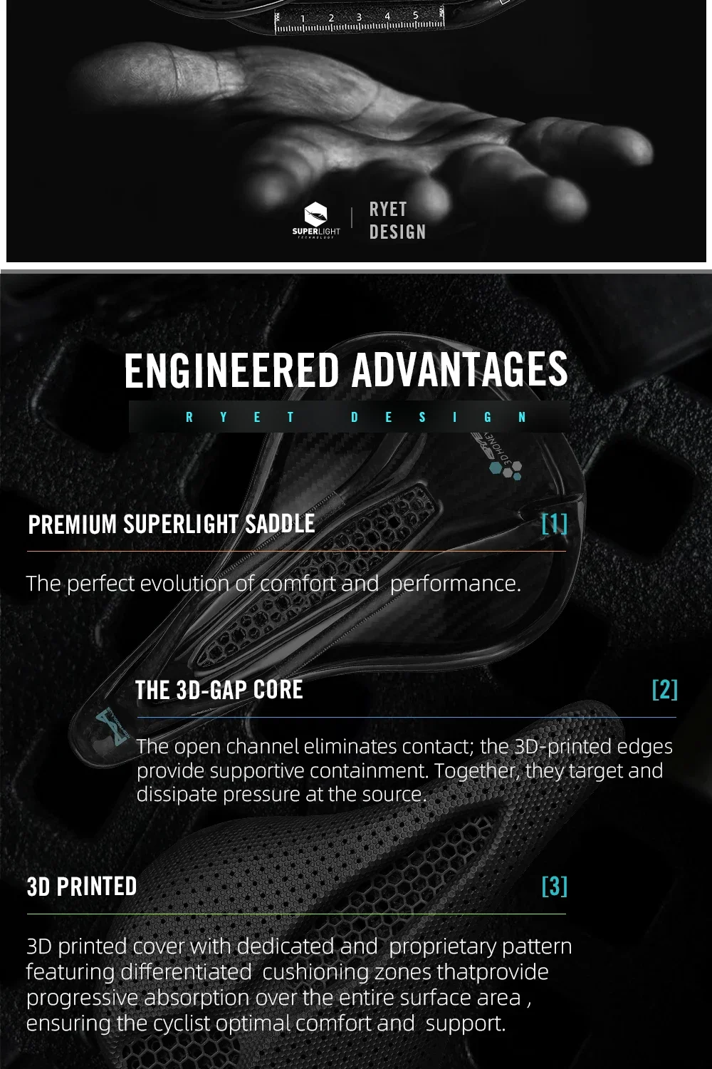 RYET Full Carbon 3D Printed Saddle 145/155mm 160-227g Oval 7x9mm Rails Superflow Cut-Out Ultralight Road MTB Gravel Triathlon XC