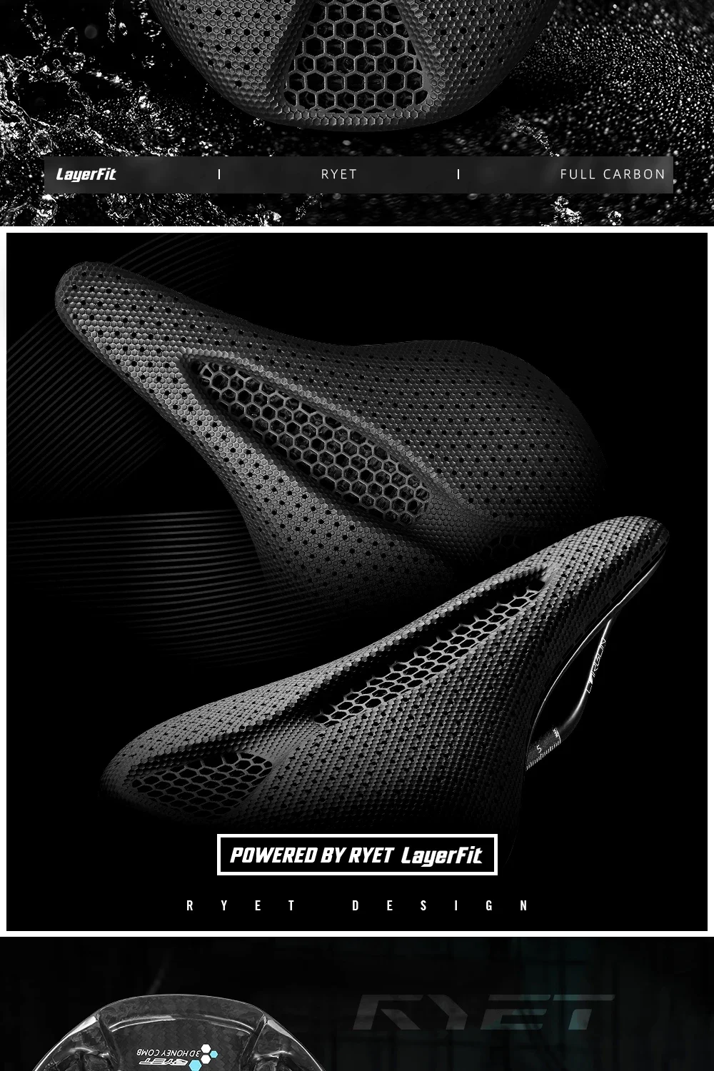 RYET Full Carbon 3D Printed Saddle 145/155mm 160-227g Oval 7x9mm Rails Superflow Cut-Out Ultralight Road MTB Gravel Triathlon XC