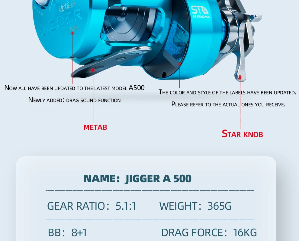 RANMI JIGGER A500 Fishing Reel Drum Wheel Slow Jigging Reel Max Drag 16kg Gear Ratio 5.1:1 8+1BB