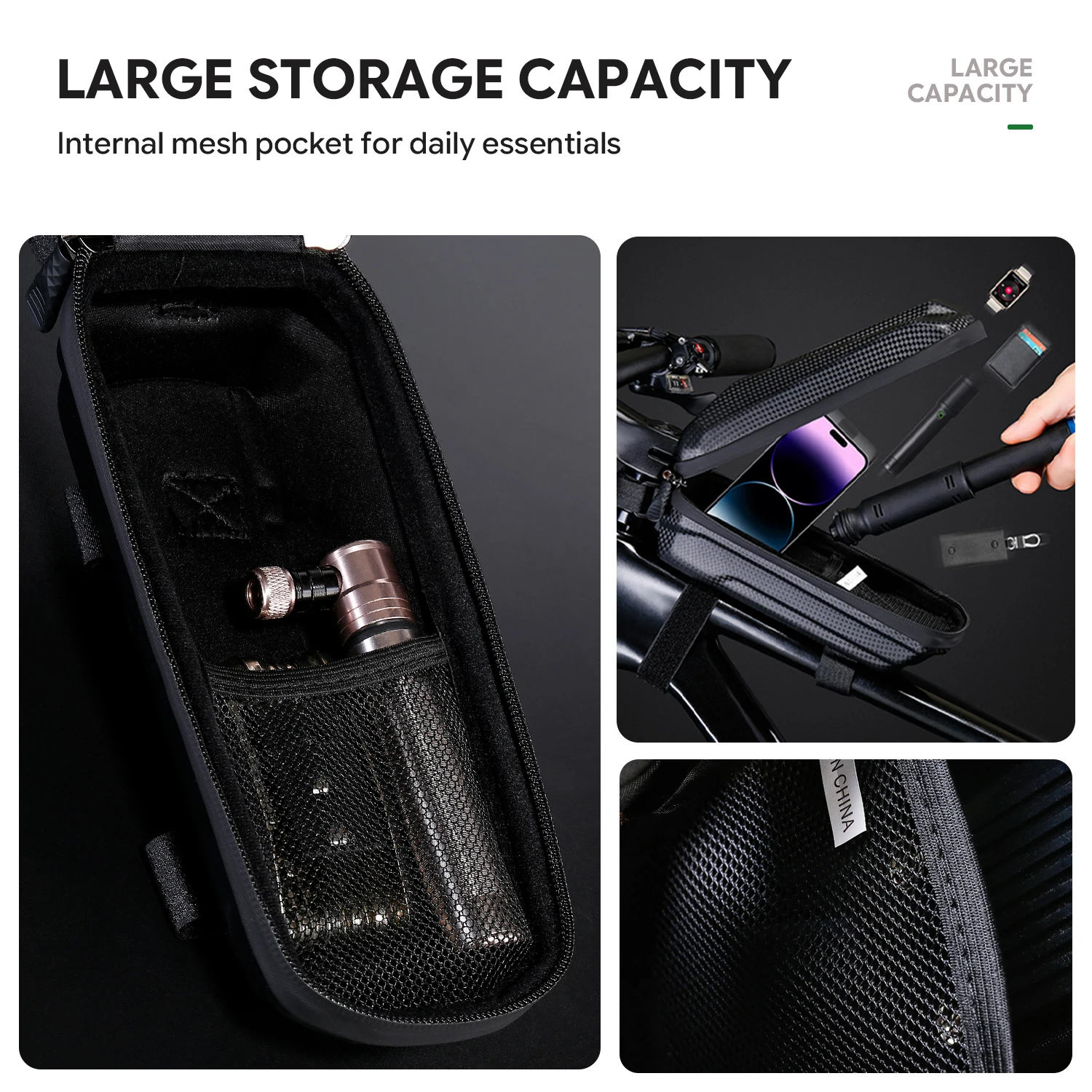PLATANIX TZ05 Bike Top Tube Bag, PU EVA Hard Shell Storage Pouch with Dual Zippers, Mesh Pocket & Straps for Road Cycling & MTB