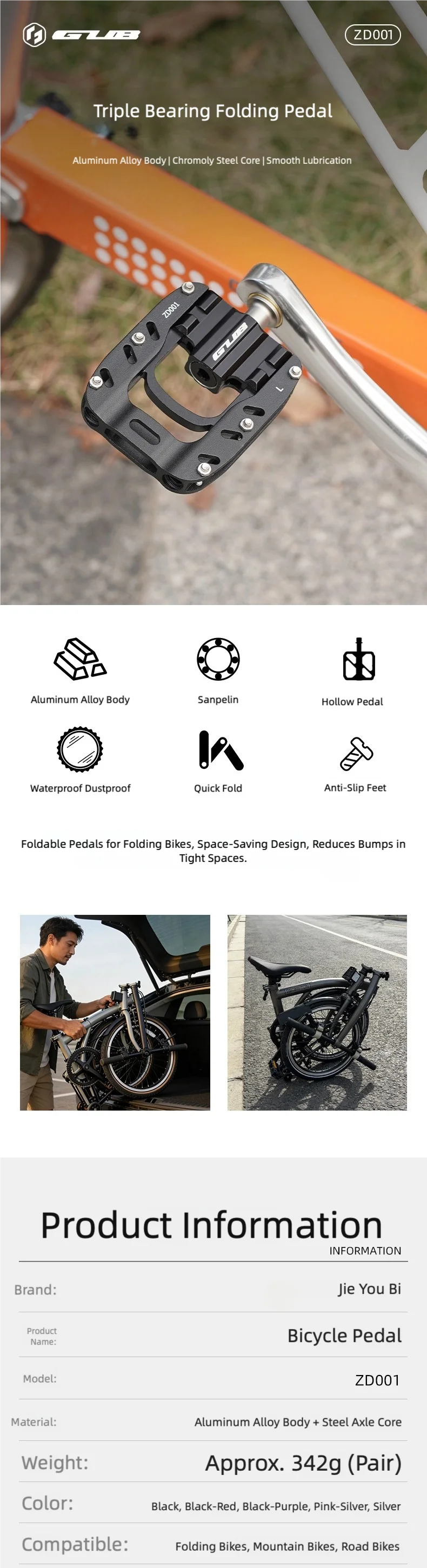 GUB ZD001 Triple-Bearing Folding Pedals Aluminum Alloy MTB Road Folding Bike Pedals Anti-Slip Cycling Accessories