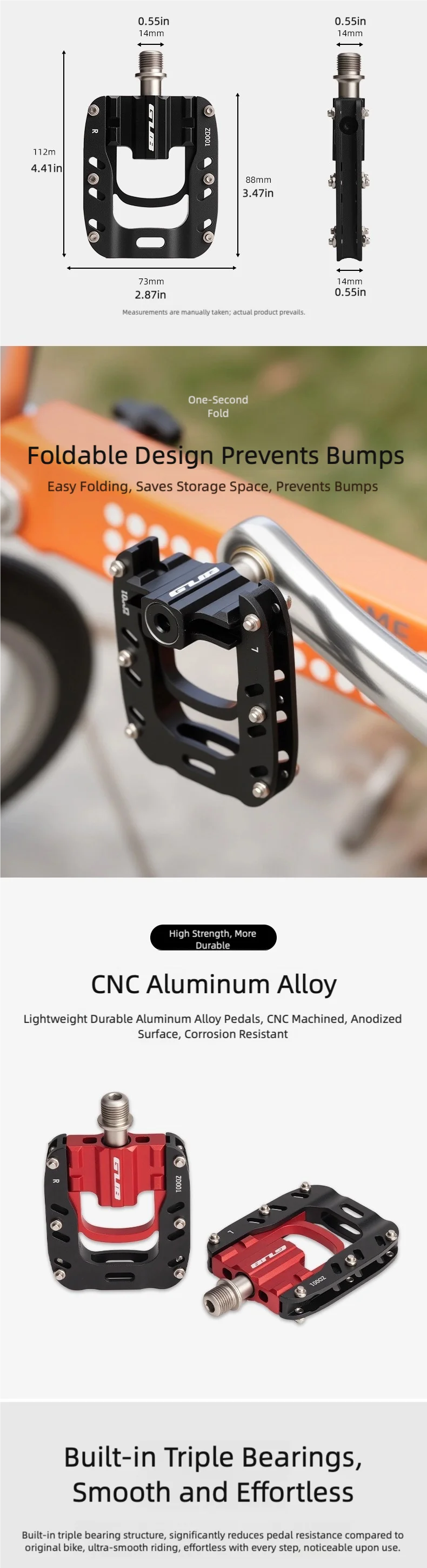 GUB ZD001 Triple-Bearing Folding Pedals Aluminum Alloy MTB Road Folding Bike Pedals Anti-Slip Cycling Accessories