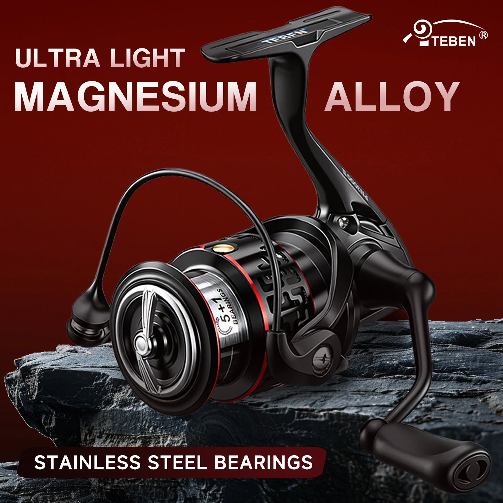 TEBEN Ultra-Light Magnesium Alloy Spinning Reel with Carbon Fiber Body 5+1 Stainless Steel Bearings 5.2:1Gear Ratio Fishing Reel