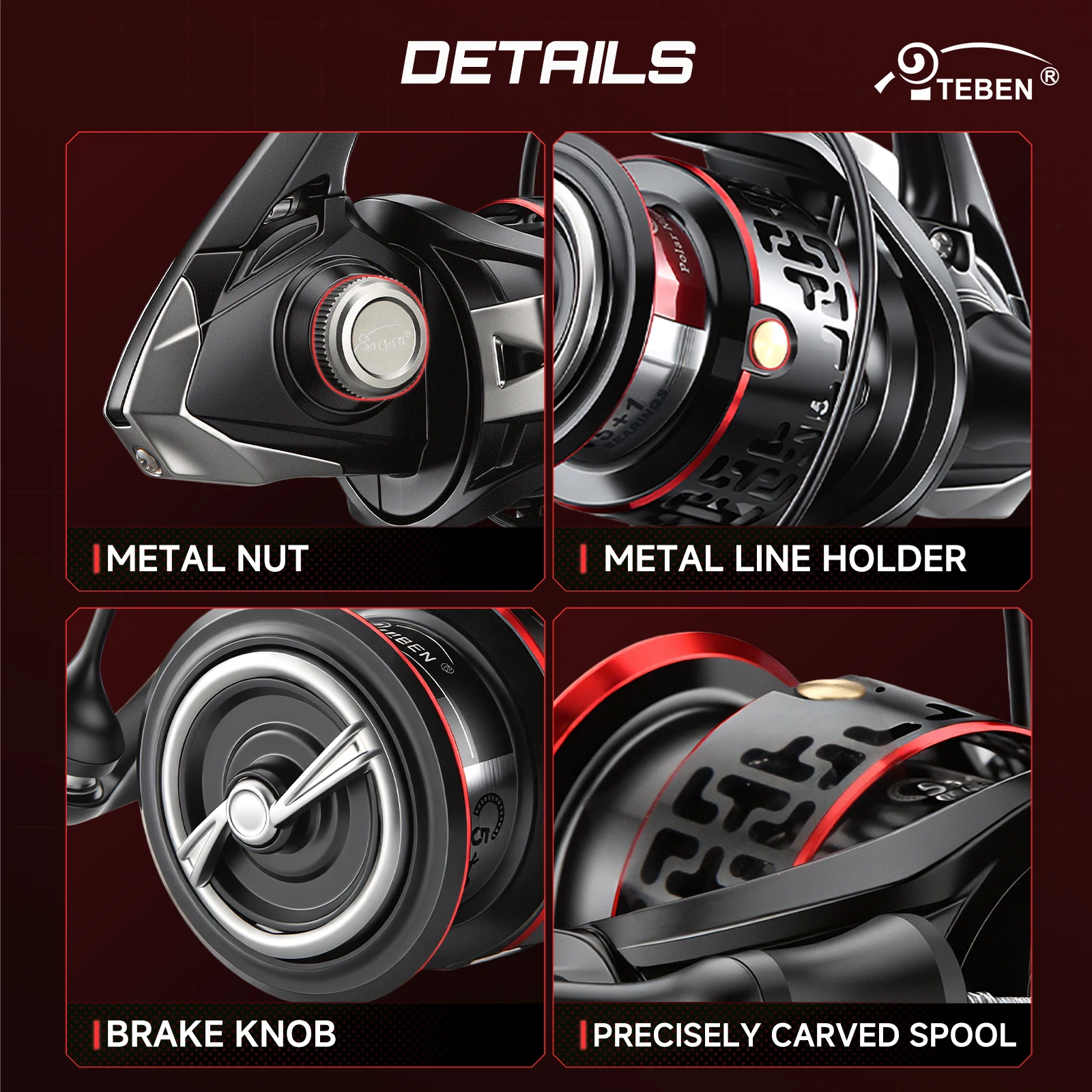 TEBEN Ultra-Light Magnesium Alloy Spinning Reel with Carbon Fiber Body 5+1 Stainless Steel Bearings 5.2:1Gear Ratio Fishing Reel