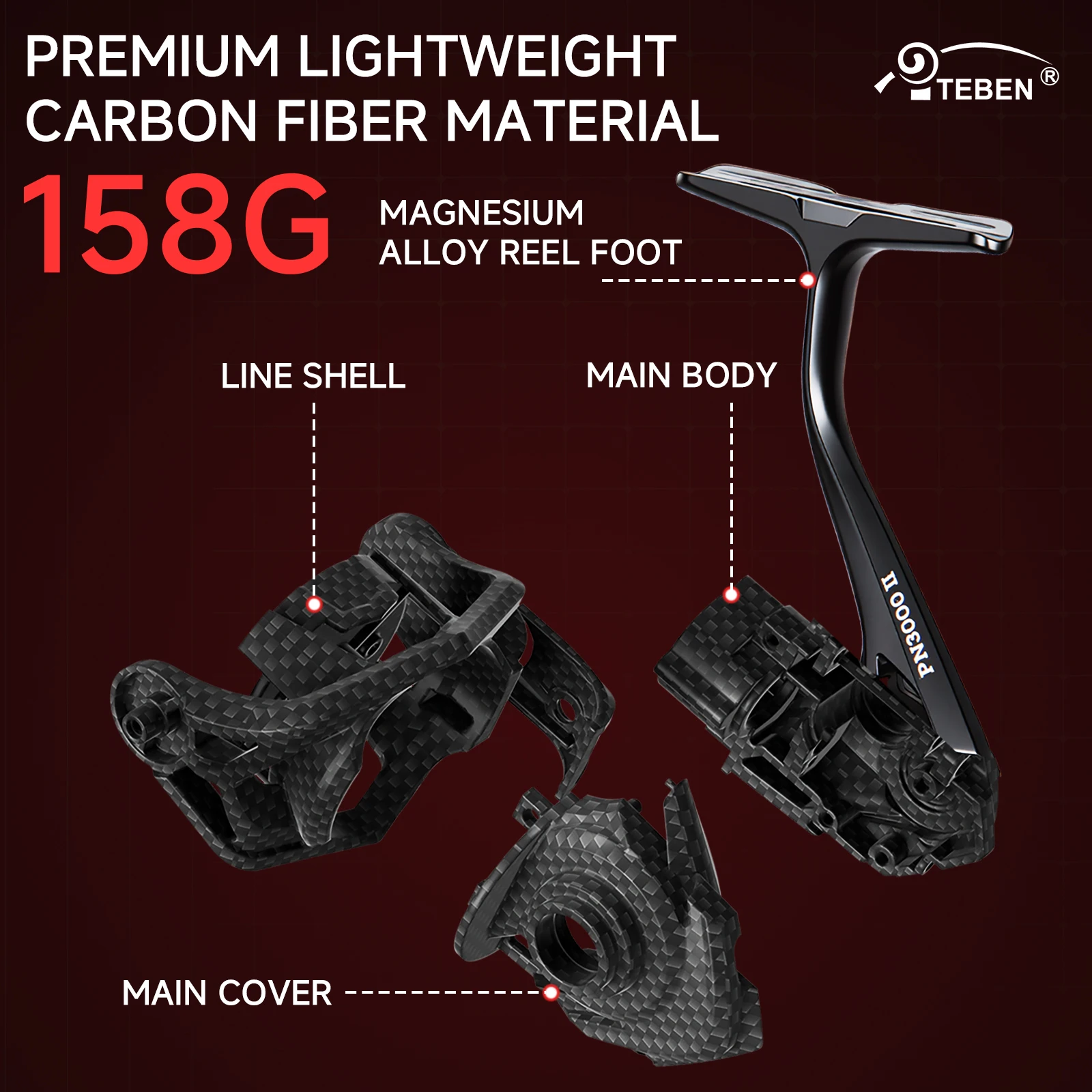 TEBEN Ultra-Light Magnesium Alloy Spinning Reel with Carbon Fiber Body 5+1 Stainless Steel Bearings 5.2:1Gear Ratio Fishing Reel