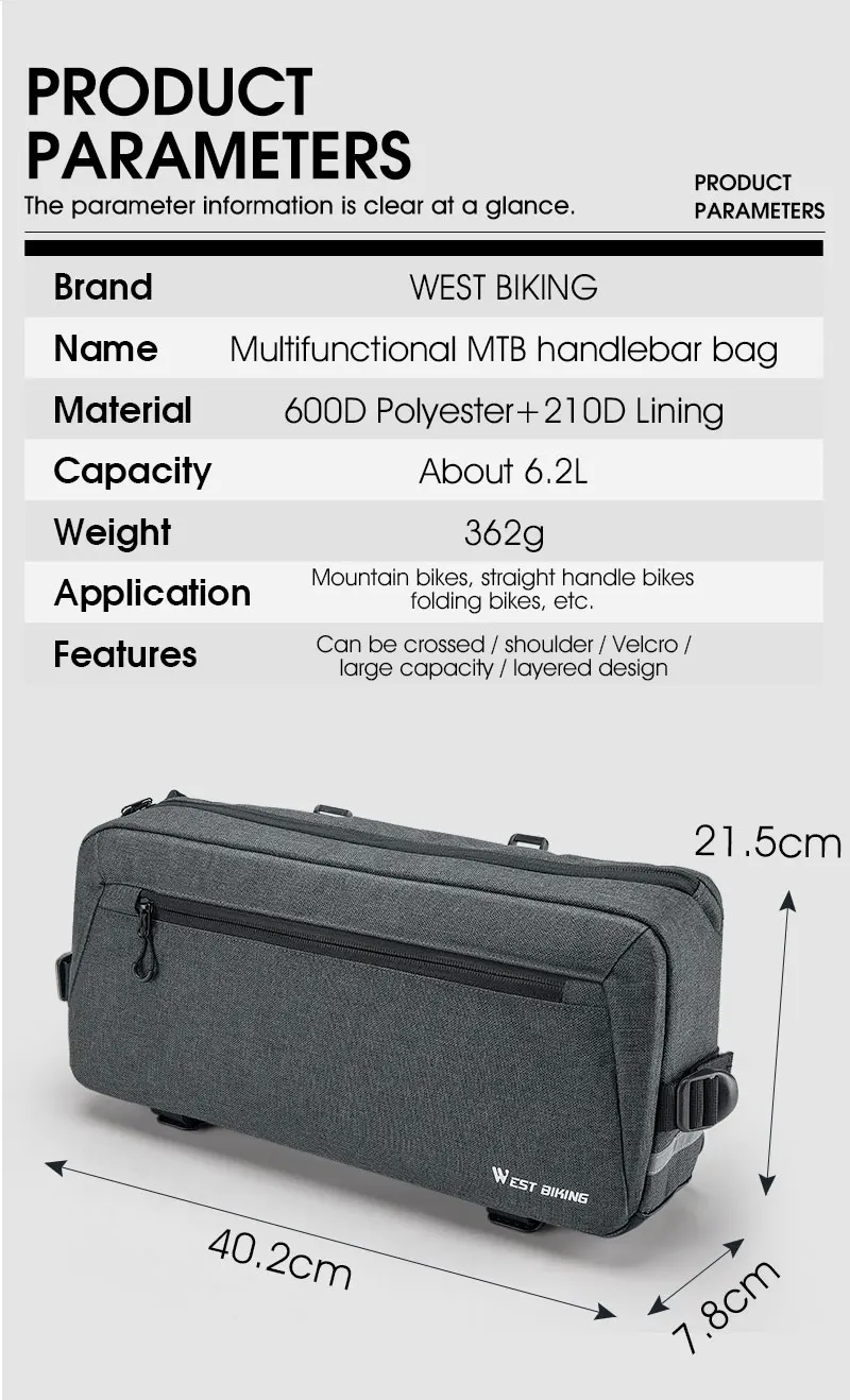 WEST BIKING 6.2L Multifunctional Waterproof Bicycle Handlebar Bag with Shoulder Strap & Reflective Strip Front Bike Bag for MTB