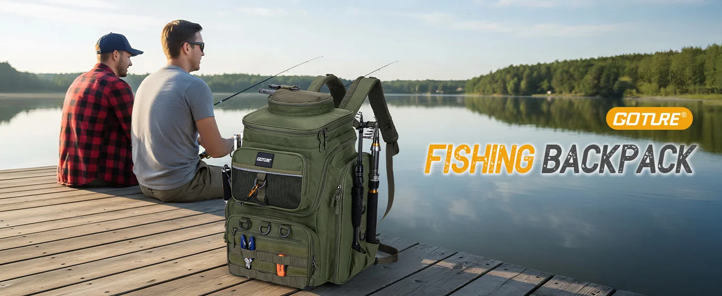Goture 55L Large Fishing Backpack, Waterproof Non-Slip Bottom, Adjustable Compartment Rod Holders for Professional Anglers