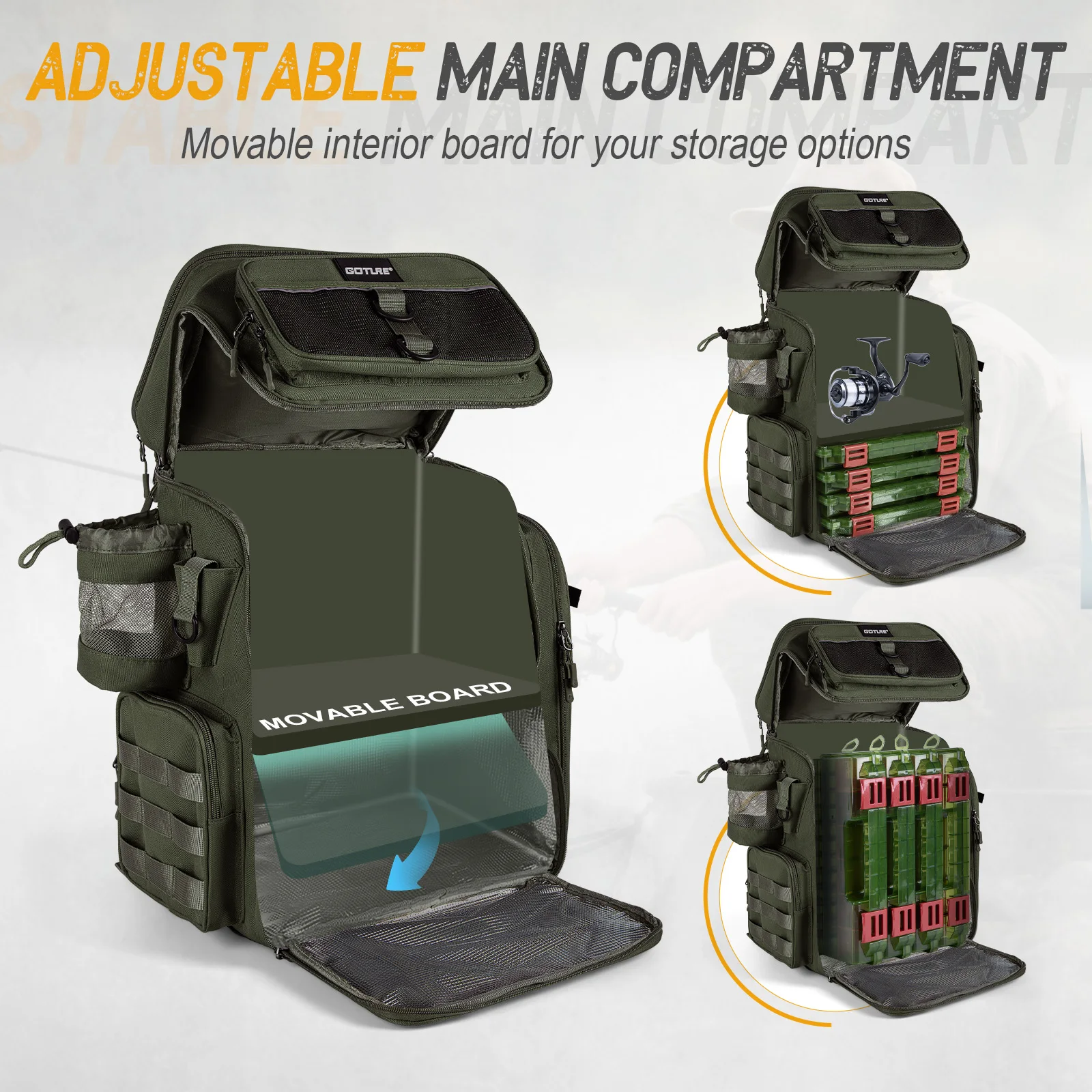 Goture 55L Large Fishing Backpack, Waterproof Non-Slip Bottom, Adjustable Compartment Rod Holders for Professional Anglers
