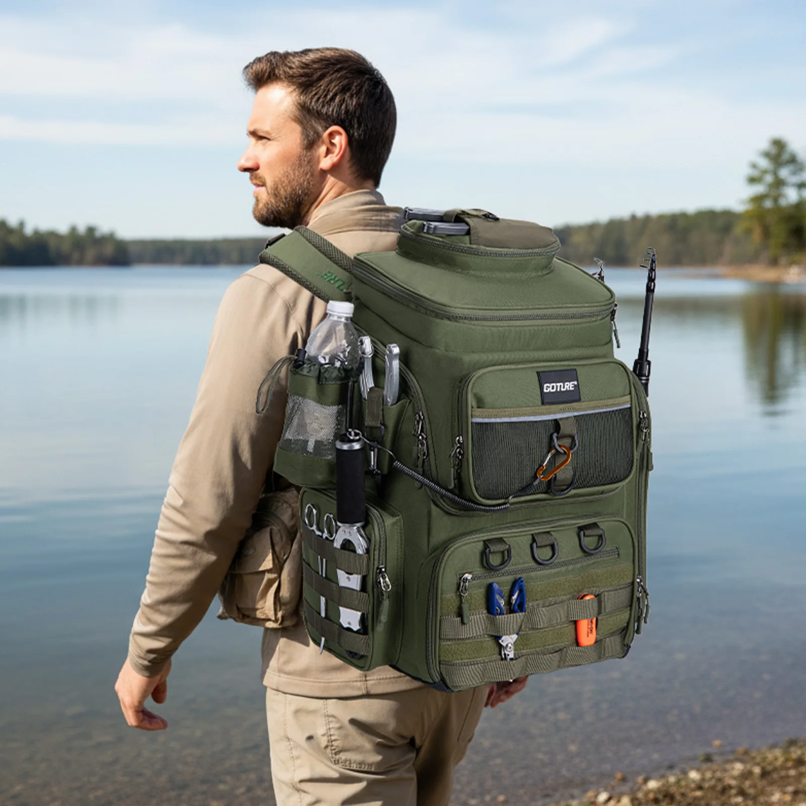 Goture 55L Large Fishing Backpack, Waterproof Non-Slip Bottom, Adjustable Compartment Rod Holders for Professional Anglers