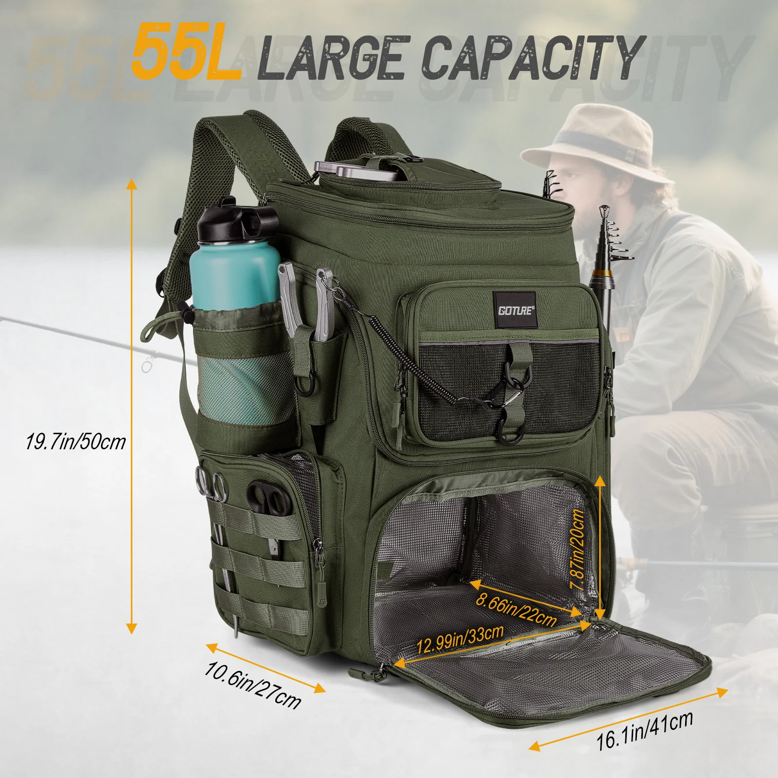 Goture 55L Large Fishing Backpack, Waterproof Non-Slip Bottom, Adjustable Compartment Rod Holders for Professional Anglers