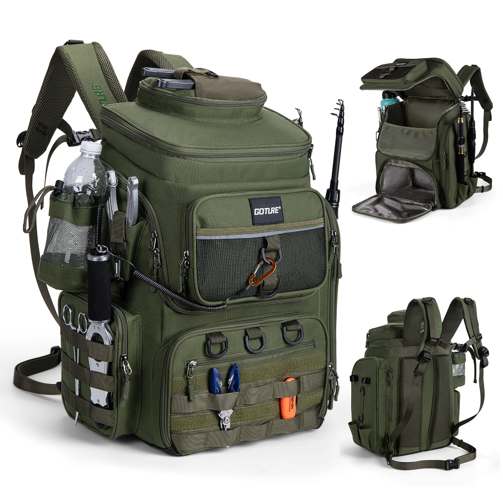 Goture 55L Large Fishing Backpack, Waterproof Non-Slip Bottom, Adjustable Compartment Rod Holders for Professional Anglers