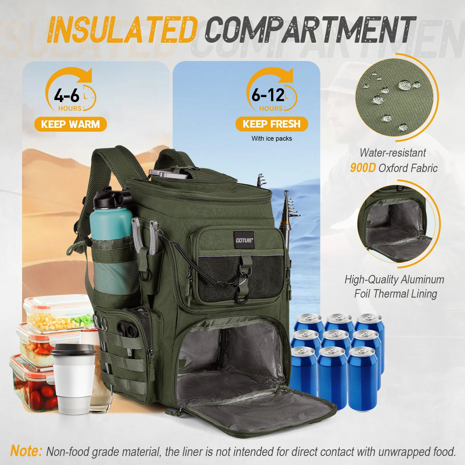 Goture 55L Large Fishing Backpack, Waterproof Non-Slip Bottom, Adjustable Compartment Rod Holders for Professional Anglers
