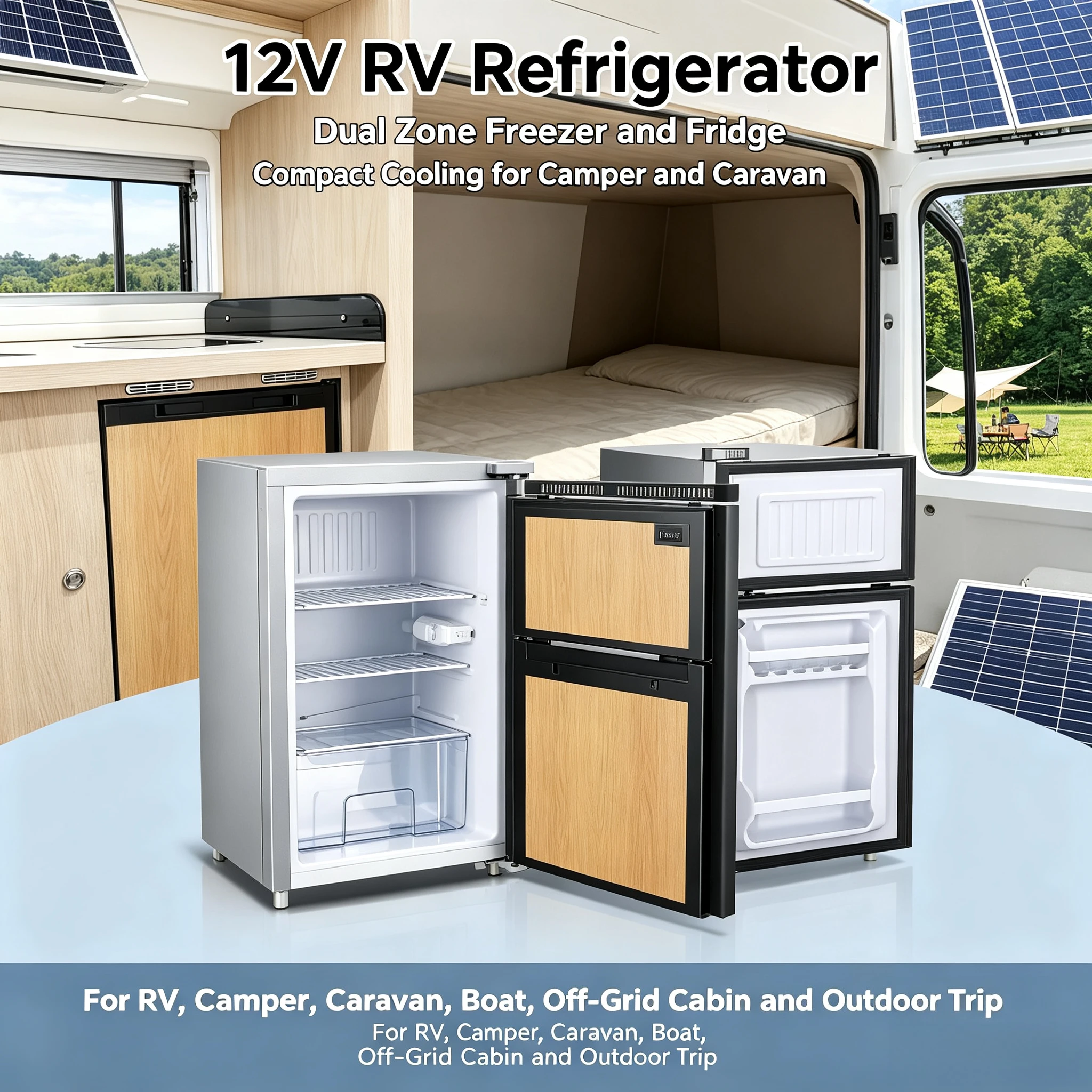 DC Compressor RV Refrigerator 12V/24V/48V, Solar Battery Powered Fridge Freezer Special for Camper Yacht Caravan Off-Grid Travel