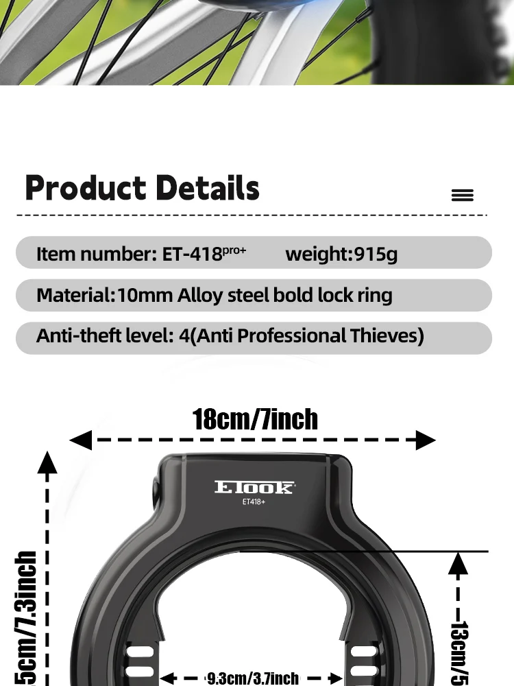 ETOOK Bicycle Horseshoe Lock Anti-Drill Bicycle Frame Wheel Clamp Lock Hardened Steel Anti-theft Bike Lock for 3" Fat Tire Bike