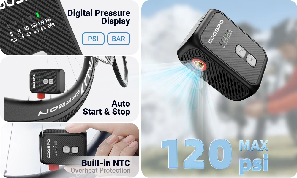 COOSPO AP-E1 Electric Air Pump Portable Inflator 120PSI MTB Road Bike Accessories for Bike Schrader Presta Tires