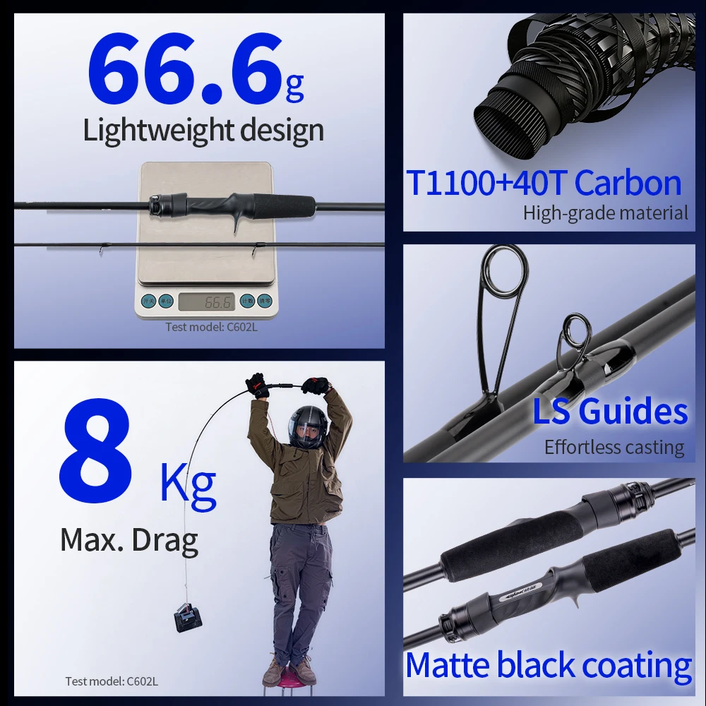FISHINGFANS KUAISHA T1100+M40X Carbon Blank 8KG DRAG Light LS Guide 7-30g Lure Wt Fast Action Spinning Casting Fishing Rod