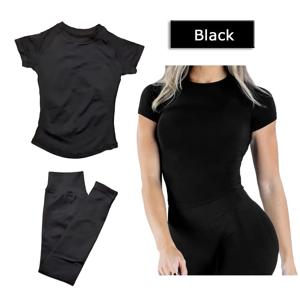 2 Pcs Sports Gym Sets Short Sleeve Seamless Yoga Clothing Fitness Set Women Workout Running Sports Pants Leggings Suit