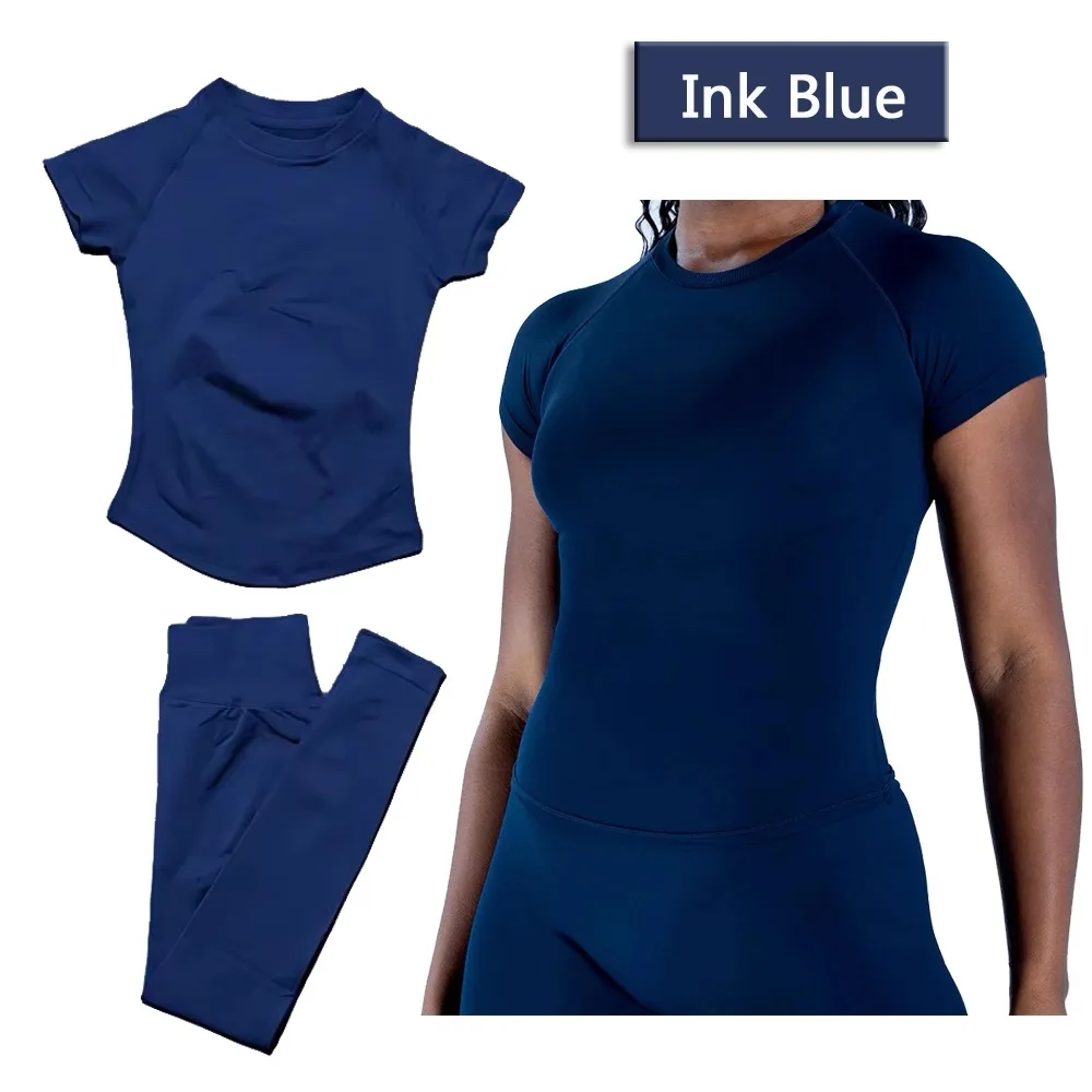 2 Pcs Sports Gym Sets Short Sleeve Seamless Yoga Clothing Fitness Set Women Workout Running Sports Pants Leggings Suit