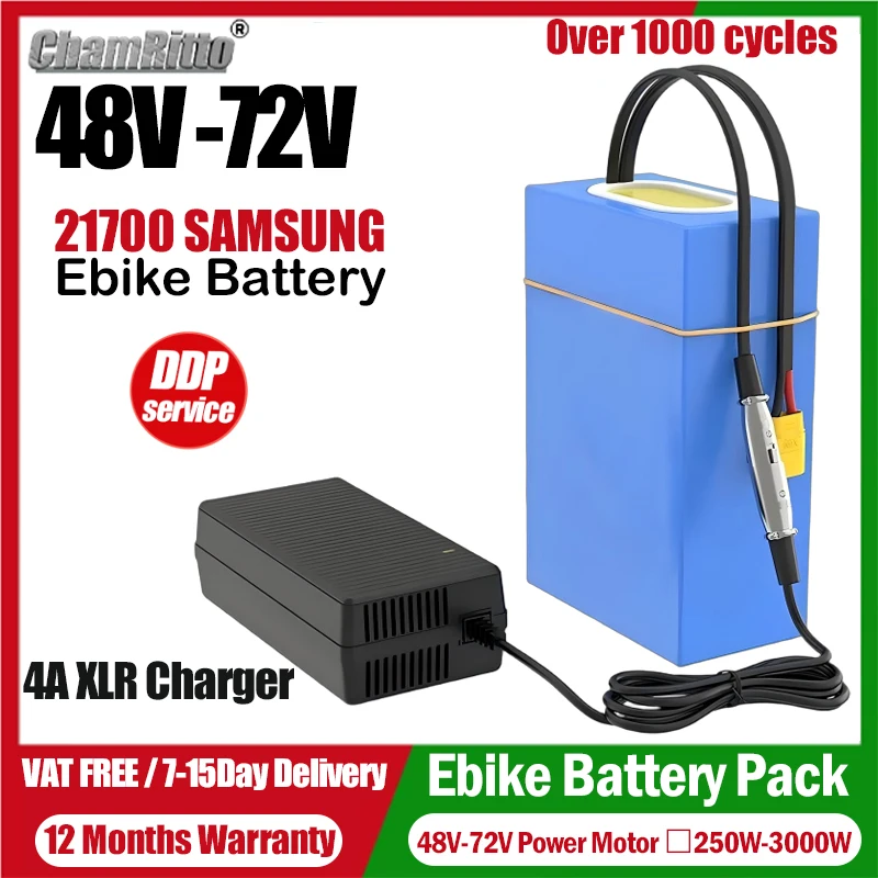 48V 52V 60V 72V ebike chamrider 2000W 3000W 1500W High Power Battery 20ah 30ah 40ah 50ah Electric scooter 21700 Lithium Batterij