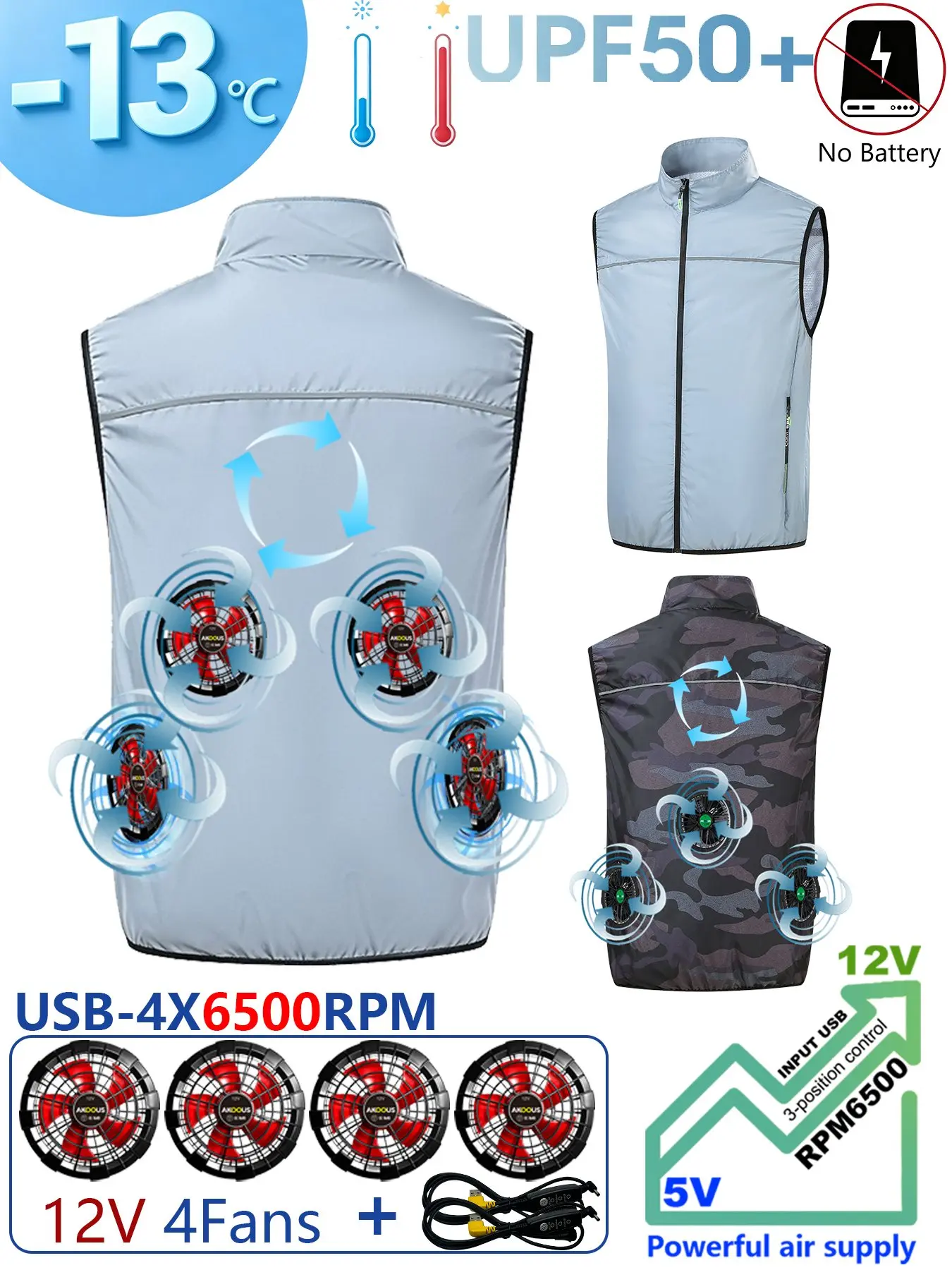 AKOOUS 12V/5V USB 4 Fans Cooling Vest Men Wearable Air Conditioned Clothes for Outdoor Work Fishing Hiking Loose Cool Vest