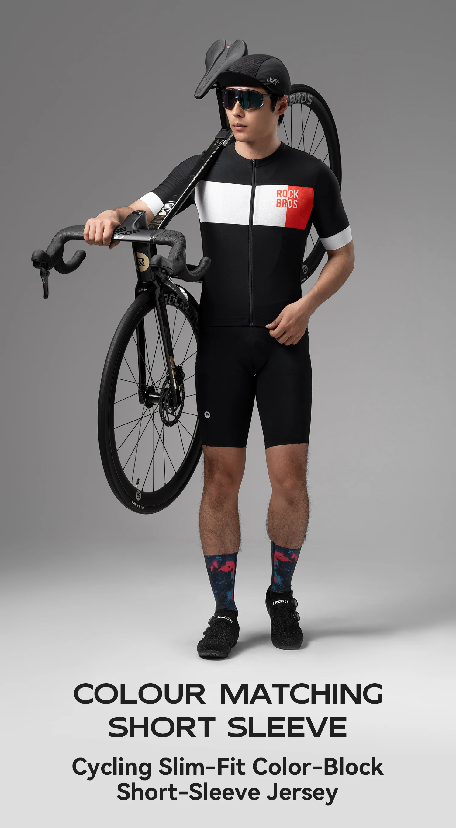 ROCKBROS Men Short Sleeve T-shirts Cycling Jersey Summer Breathable Sports T-shirts Slim-Fit Color-Block Cycling Tops Clothing