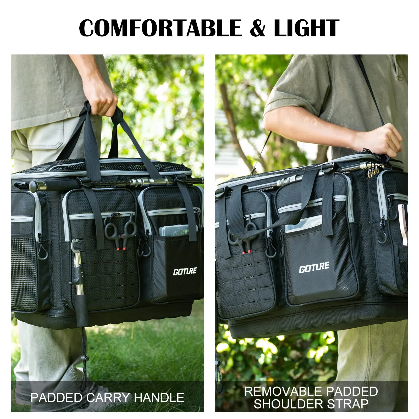 Goture Outdoor Fishing Bag Two-way Zipper Design 1680D Oxford Fabric Waterproof Multifunctional Tackle Fishing Pack 53*38*29cm