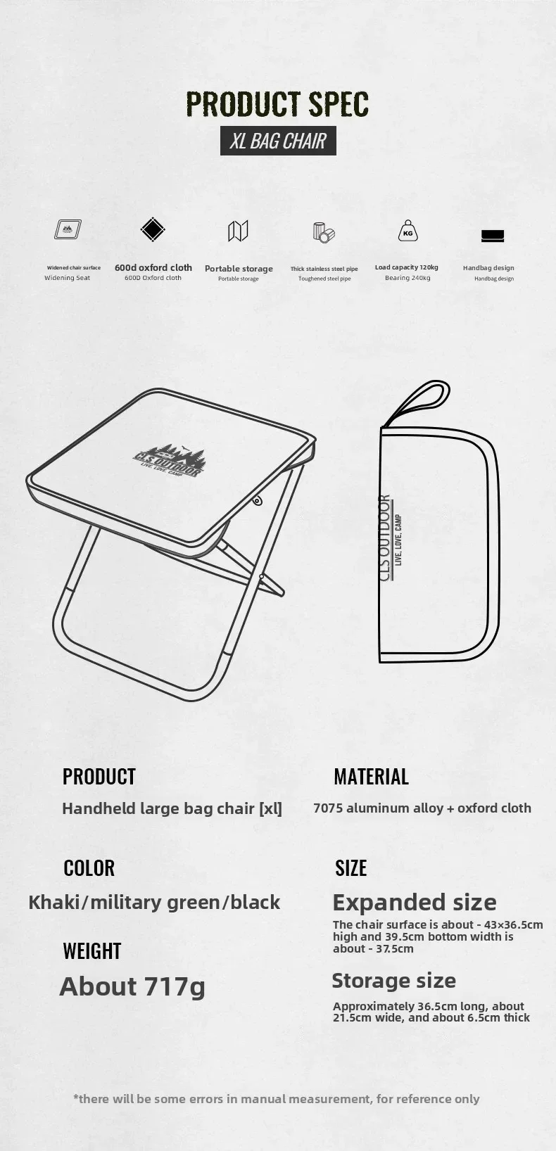CLS&NOBANA Camping Handheld Bag Chair Portable Lightweight Outdoor Aluminum Mattza Chair High Load Travel Beach Fishing Chair