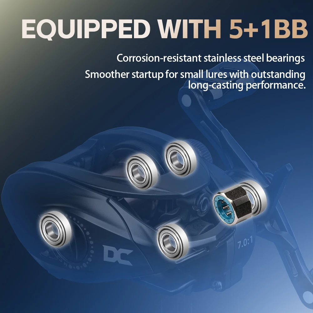 FISHINFANS C1DC Baitcasting Reel Long Cast Max Drag 5kg 7.0:1 5+1B Carbon Washers Brass Gears DC Brake Casting Fishing Reel